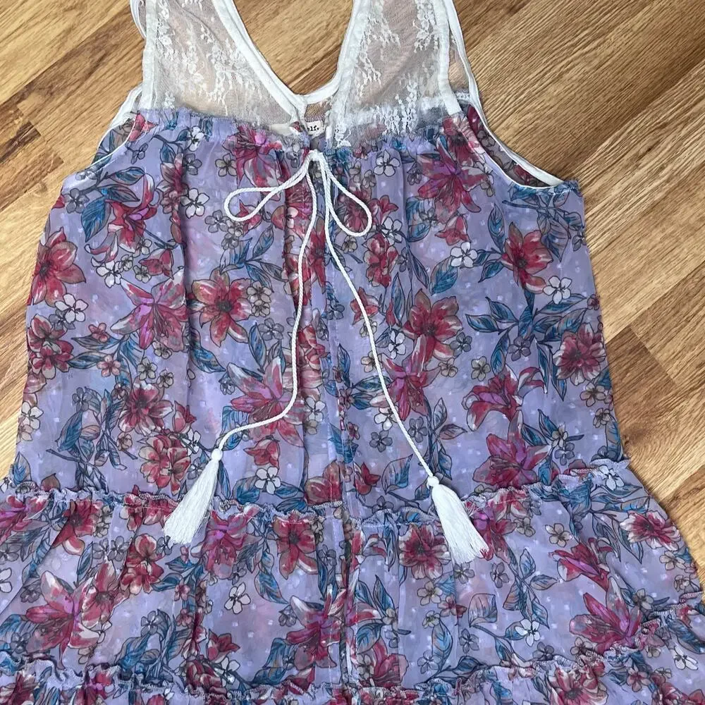 Coquette Floral Sheer Ruffle Dress Cover Up Romantic Beach Resortwear Large